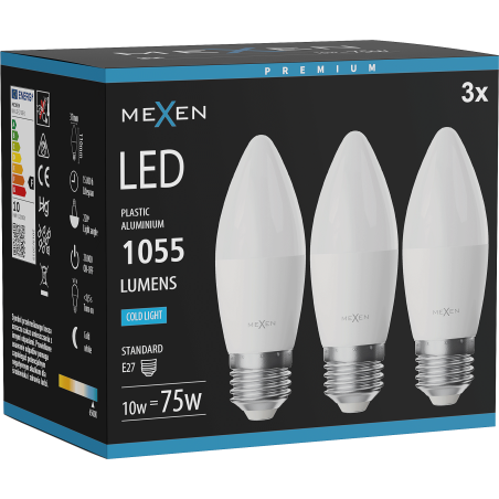 Mexen Nova 3x LED žárovka E27, C37, 10W, Studená - 6500K, 1055 lm - L102-E27-1065-01x03