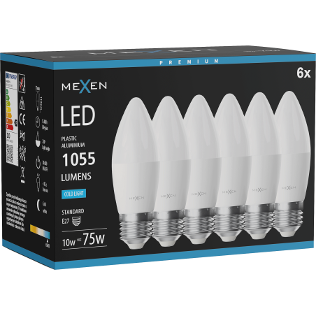 Mexen Nova 6x LED žárovka E27, C37, 10W, Studená - 6500K, 1055 lm - L102-E27-1065-01x06