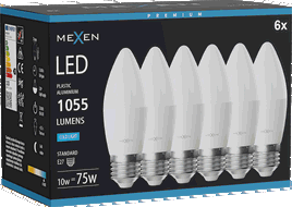 Mexen Nova 6x LED žárovka E27, C37, 10W, Studená - 6500K, 1055 lm - L102-E27-1065-01x06