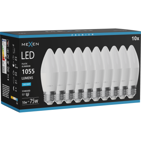 Mexen Nova 10x LED žárovka E27, C37, 10W, Studená - 6500K, 1055 lm - L102-E27-1065-01x10