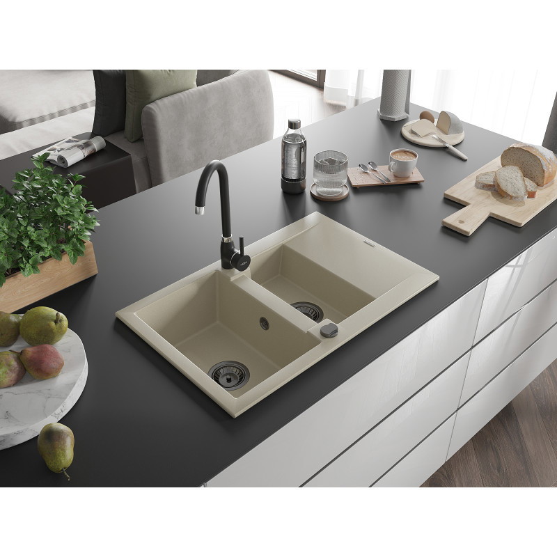 Mexen Gaspar granitový dřez 1,5-komorový s odkapávačem 737 x 475 mm, béžový, černý sifon - 6507731505-69-B