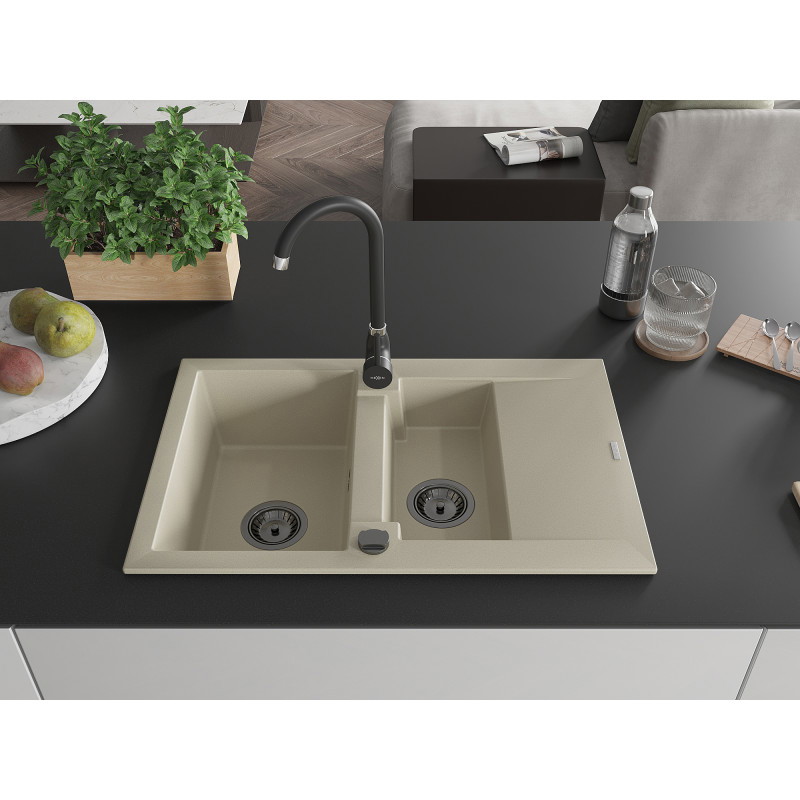Mexen Gaspar granitový dřez 1,5-komorový s odkapávačem 737 x 475 mm, béžový, černý sifon - 6507731505-69-B