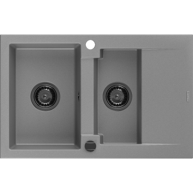 Mexen Gaspar granitový dřez 1,5-komorový s odkapávačem 737 x 475 mm, šedý, sifon černý - 6507731505-71-B