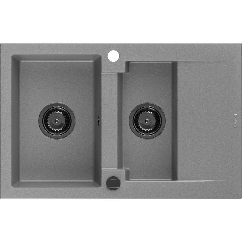 Mexen Gaspar žulový dřez 1,5-komorový s odkapávačem 737 x 475 mm, šedý, černý sifon - 6507731505-71-B