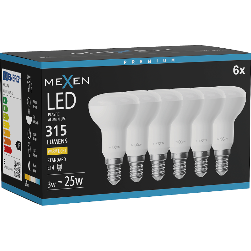 Mexen Nova 6x Žárovka LED E14, R50, 3W, Teplá - 3000K, 315 lm - L103-E14-0330-01x06
