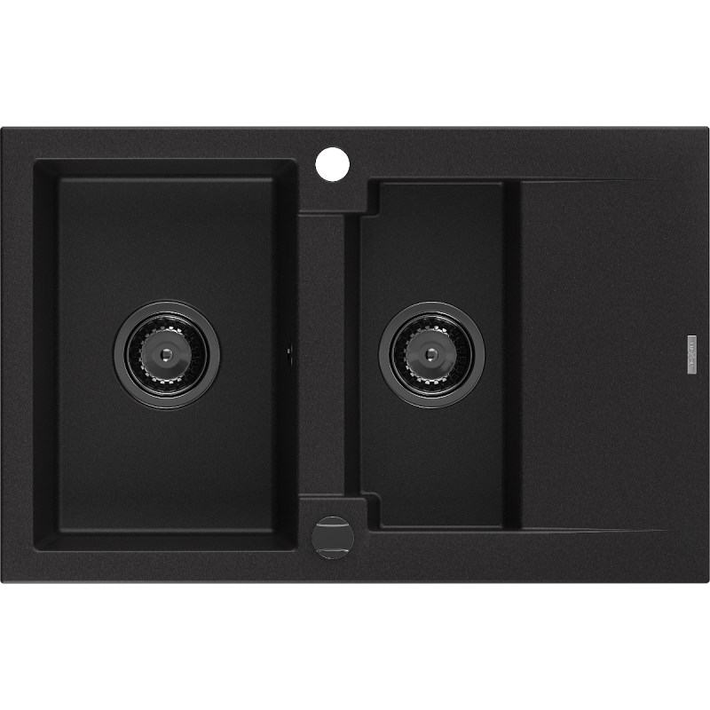 Mexen Gaspar žulový dřez 1,5-komorový s odkapávačem 737 x 475 mm, černý, černý sifon - 6507731505-77-B