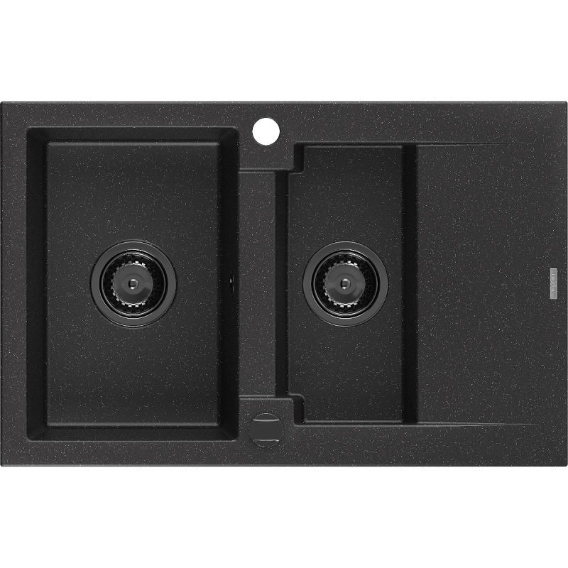 Mexen Gaspar dřez žulový 1,5-komorový s odkapávačem 737 x 475 mm černý/stříbrný metalický, sifon černý - 6507731505-73-B