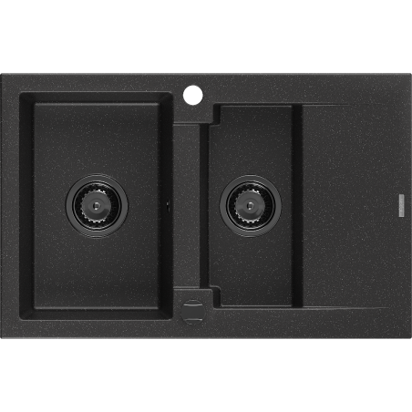 Mexen Gaspar dřez žulový 1,5-komorový s odkapávačem 737 x 475 mm černý/stříbrný metalický, sifon černý - 6507731505-73-B