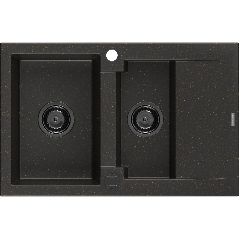 Mexen Gaspar granitový dřez 1,5-komorový s odkapávačem 737 x 475 mm, černý/zlatý metalický, sifon černý - 6507731505-75-B