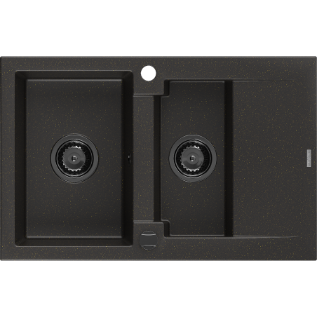 Mexen Gaspar granitový dřez 1,5-komorový s odkapávačem 737 x 475 mm, černý/zlatý metalický, sifon černý - 6507731505-75-B