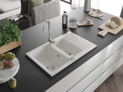 Mexen Gaspar granitový dřez 1,5-komorový s odkapávačem 737 x 475 mm, bílý, sifon chrom - 6507731505-20