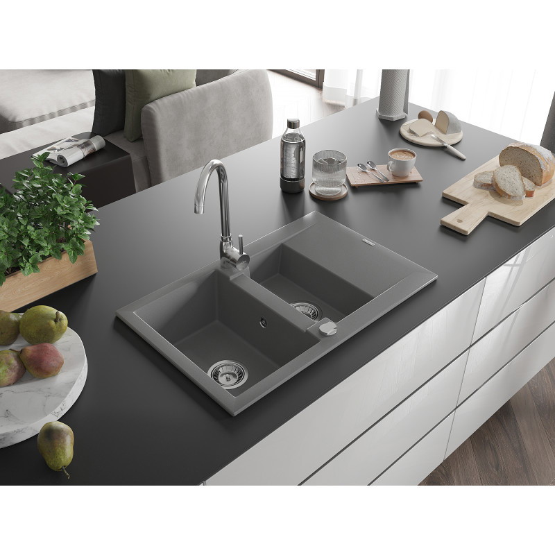 Mexen Gaspar granitový dřez 1,5-komorový s odkapávačem 737 x 475 mm, šedý, chromový sifon - 6507731505-71