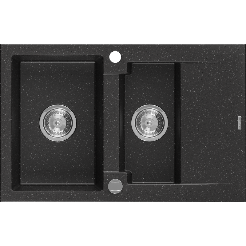 Mexen Gaspar granitový dřez 1,5 komorový s odkapávačem 737 x 475 mm, černý/stříbrný metalik, sifon chrom - 6507731505-73