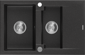 Mexen Gaspar granitový dřez 1,5 komorový s odkapávačem 737 x 475 mm, černý/stříbrný metalik, sifon chrom - 6507731505-73