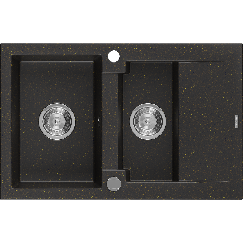 Mexen Gaspar granitový dřez 1,5komorový s odkapávačem 737 x 475 mm, černý/zlatý metalik, sifon chrom - 6507731505-75