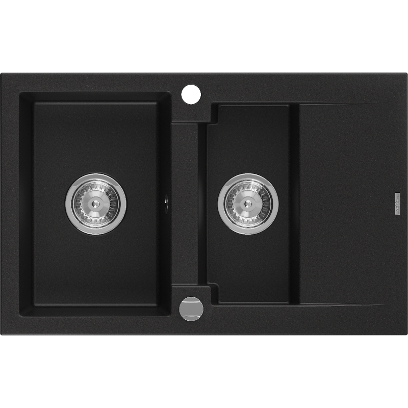 Mexen Gaspar, granitový dřez 1,5-komorový s odkapávačem 737 x 475 mm, černý, sifon chrom - 6507731505-77
