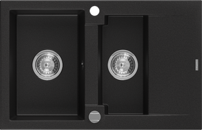 Mexen Gaspar, granitový dřez 1,5-komorový s odkapávačem 737 x 475 mm, černý, sifon chrom - 6507731505-77