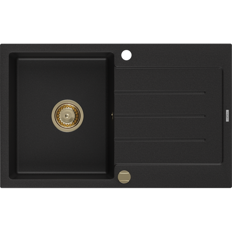 Mexen Bruno granitový dřez 1-komorový s odkapávačem 795 x 495 mm, černý, sifon zlatý - 6513791010-77-G