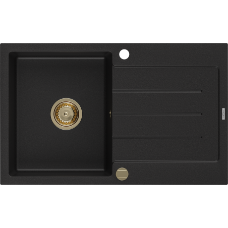 Mexen Bruno granitový dřez 1-komorový s odkapávačem 795 x 495 mm, černý, sifon zlatý - 6513791010-77-G