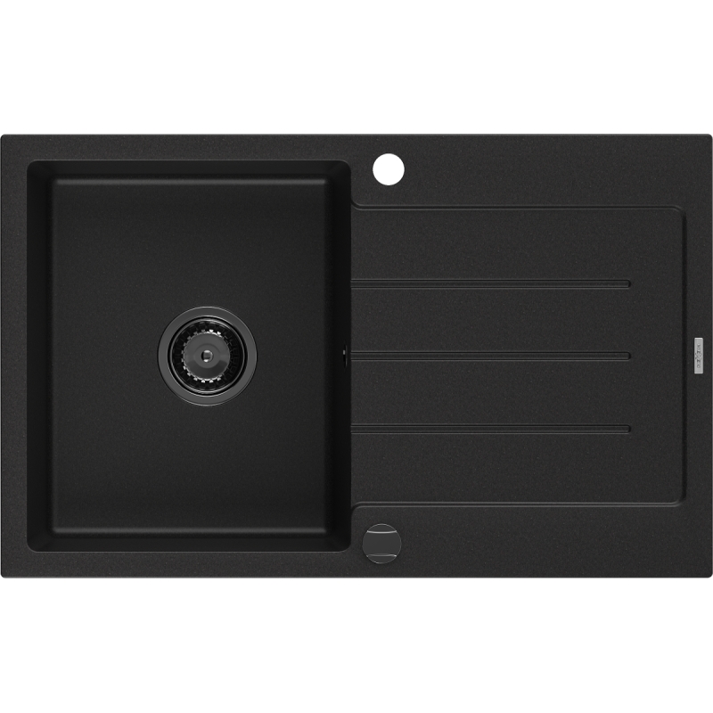 Mexen Bruno granitový dřez jednokomorový s odkapávačem 795 x 495 mm, černý, černý sifon - 6513791010-77-B