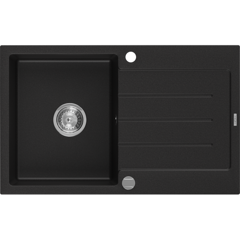 Mexen Bruno granitový dřez s odkapávačem, 1-komorový, 795 x 495 mm, černý, sifon chrom - 6513791010-77