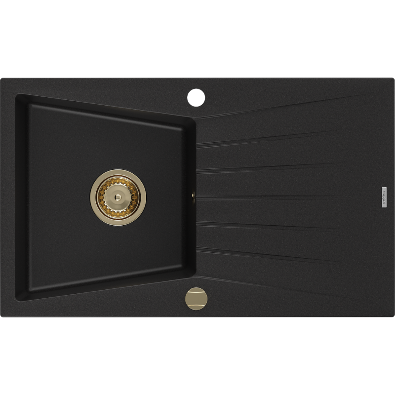 Mexen Cesar dřez granitový 1-komorový s odkapávačem 775 x 470 mm, černý, sifon zlatý - 6514771010-77-G