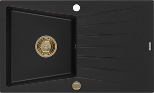 Mexen Cesar dřez granitový 1-komorový s odkapávačem 775 x 470 mm, černý, sifon zlatý - 6514771010-77-G