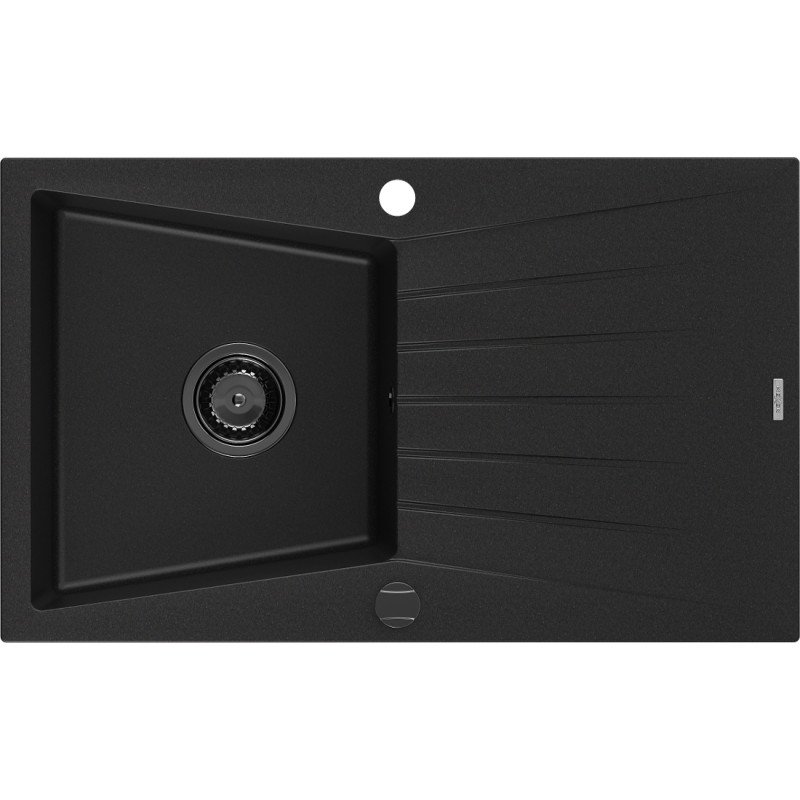 Mexen Cesar Granitový dřez 1-komorový s odkapávačem 775 x 470 mm, černý, černý sifon - 6514771010-77-B