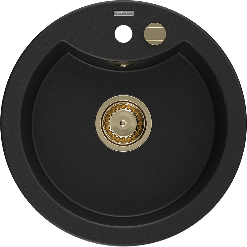 Mexen Diego jednodílný žulový dřez 488 x 480 mm, černý, zlatý sifon - 6512481000-77-G