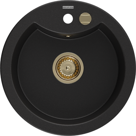 Mexen Diego jednodílný žulový dřez 488 x 480 mm, černý, zlatý sifon - 6512481000-77-G