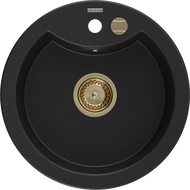 Mexen Diego jednodílný žulový dřez 488 x 480 mm, černý, zlatý sifon - 6512481000-77-G