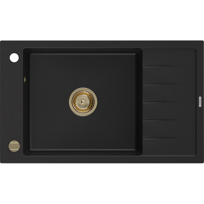 Mexen Elias granitový dřez s odkapávačem 1-komorový 795 x 480 mm, černý, sifon zlatý - 6511791005-77-G