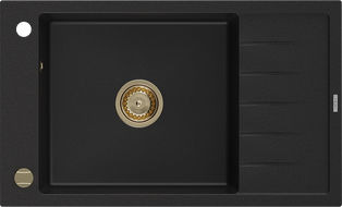 Mexen Elias granitový dřez s odkapávačem 1-komorový 795 x 480 mm, černý, sifon zlatý - 6511791005-77-G