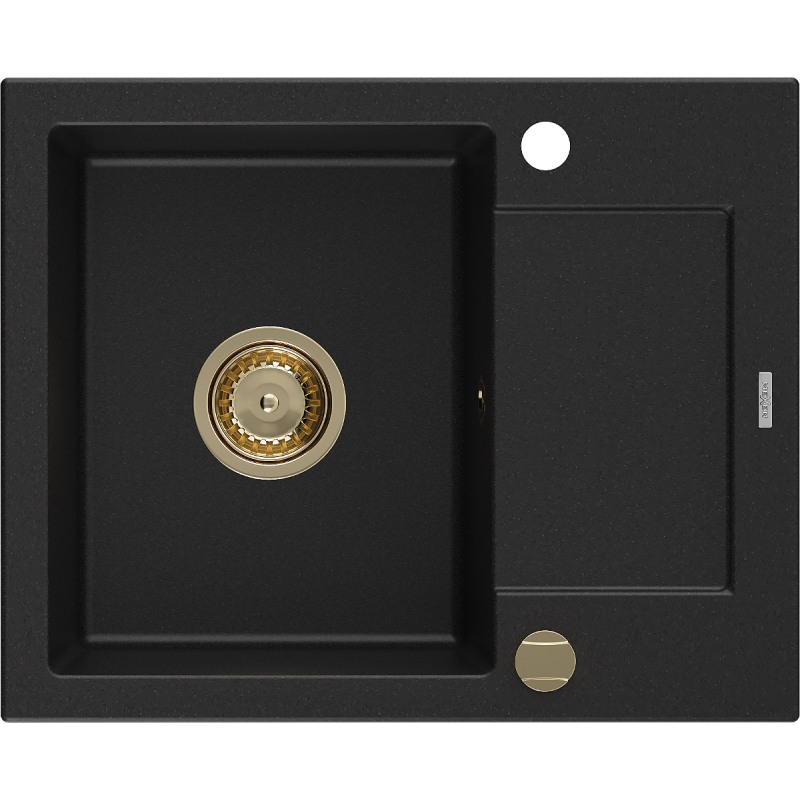 Mexen Enzo granitový dřez s 1 komorou a odkapávačem 576 x 465 mm, černý, zlatý sifon - 6506571005-77-G