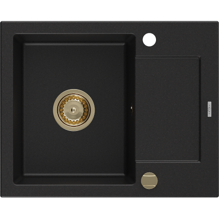 Mexen Enzo granitový dřez s 1 komorou a odkapávačem 576 x 465 mm, černý, zlatý sifon - 6506571005-77-G