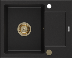 Mexen Enzo granitový dřez s 1 komorou a odkapávačem 576 x 465 mm, černý, zlatý sifon - 6506571005-77-G