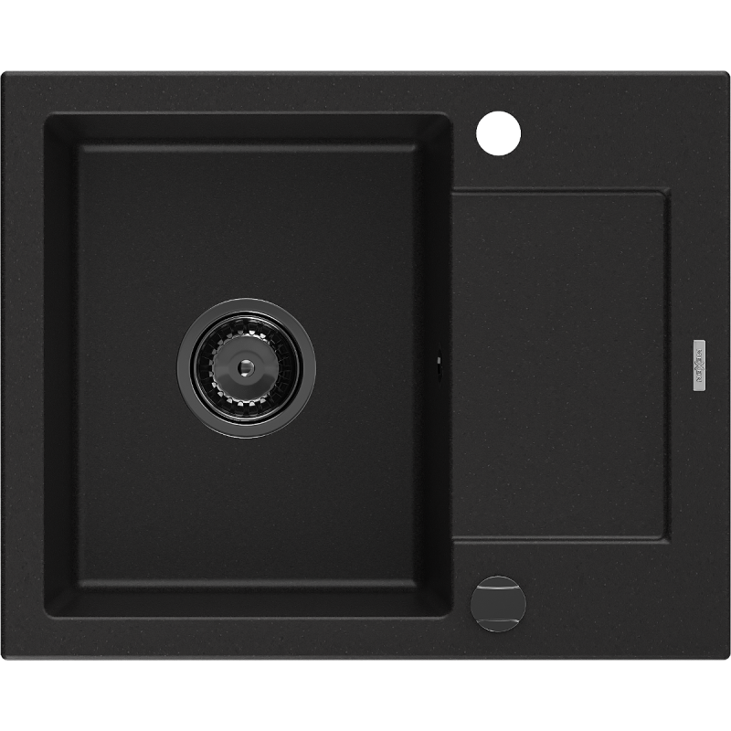 Mexen Enzo granitový dřez 1-komorový s odkapávačem 576 x 465 mm, černý, černý sifon - 6506571005-77-B