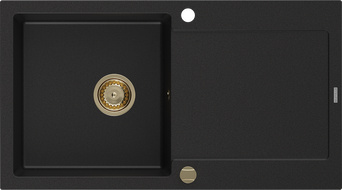 Mexen Leo granitový dřez 1-komorový s odkapávačem 900 x 500 mm, černý, sifon zlatý - 6501901010-77-G