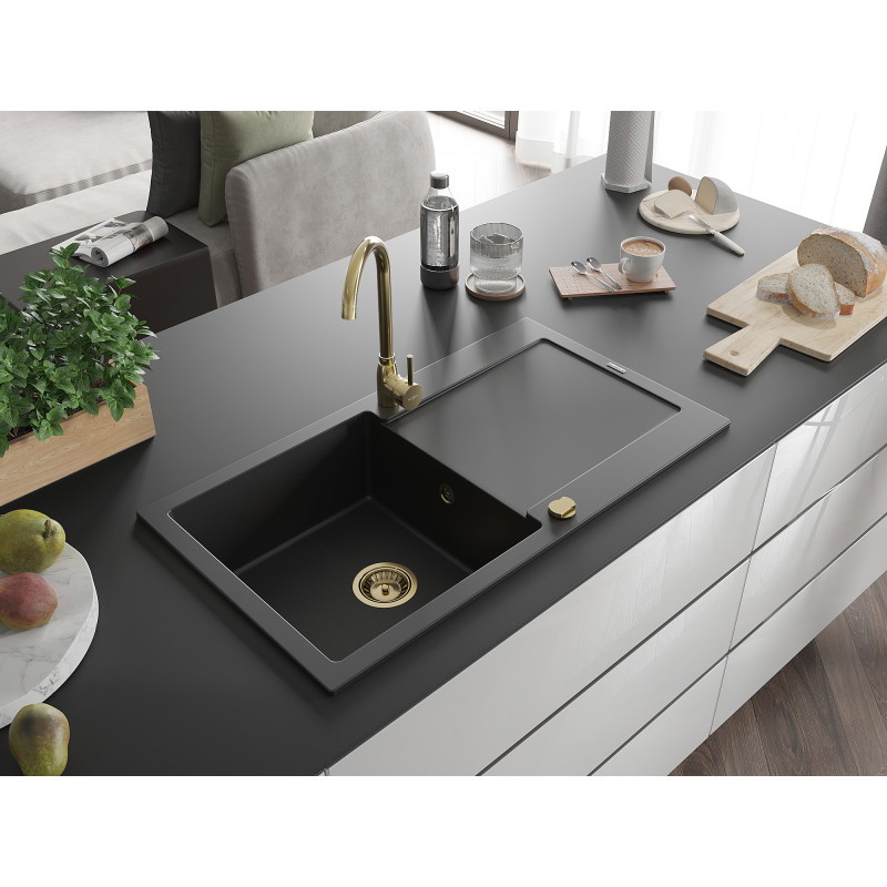 Mexen Leo granitový dřez 1-komorový s odkapávačem 900 x 500 mm, černý, zlatý sifon - 6501901010-77-G