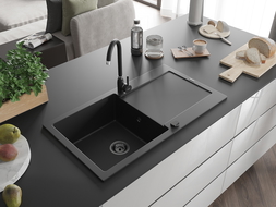 Mexen Leo granitový dřez 1-komorový s odkapávačem 900 x 500 mm, černý, černý sifon - 6501901010-77-B