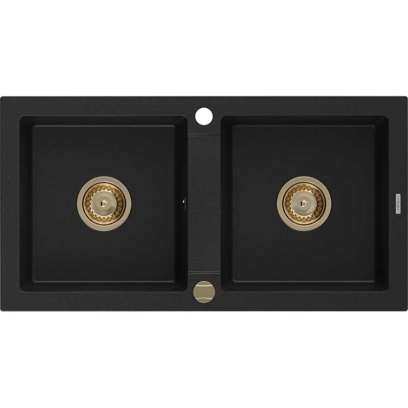 Mexen Mario žulový dřez 2-komorový 820 x 436 mm, černý, sifon zlatý - 6504822000-77-G