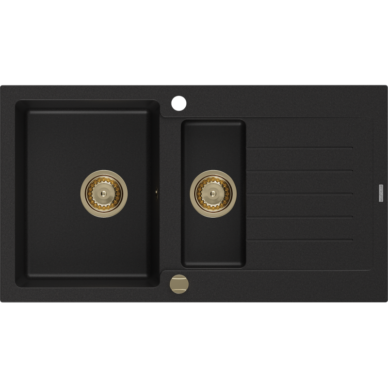 Mexen Matias žulový dřez 1,5-komorový s odkapávačem 900 x 505 mm, černý, zlatý sifon - 6502901505-77-G