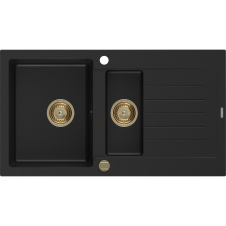 Mexen Matias žulový dřez 1,5-komorový s odkapávačem 900 x 505 mm, černý, zlatý sifon - 6502901505-77-G
