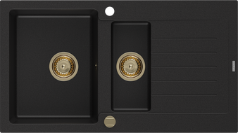 Mexen Matias žulový dřez 1,5-komorový s odkapávačem 900 x 505 mm, černý, zlatý sifon - 6502901505-77-G