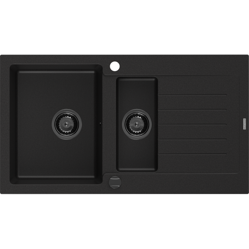 Mexen Matias granitový dřez 1,5-komorový s odkapávačem 900 x 505 mm, černý, černý sifon - 6502901505-77-B