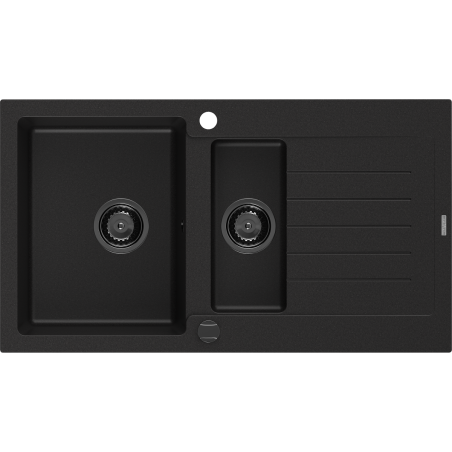Mexen Matias granitový dřez 1,5-komorový s odkapávačem 900 x 505 mm, černý, černý sifon - 6502901505-77-B