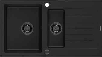Mexen Matias granitový dřez 1,5-komorový s odkapávačem 900 x 505 mm, černý, černý sifon - 6502901505-77-B