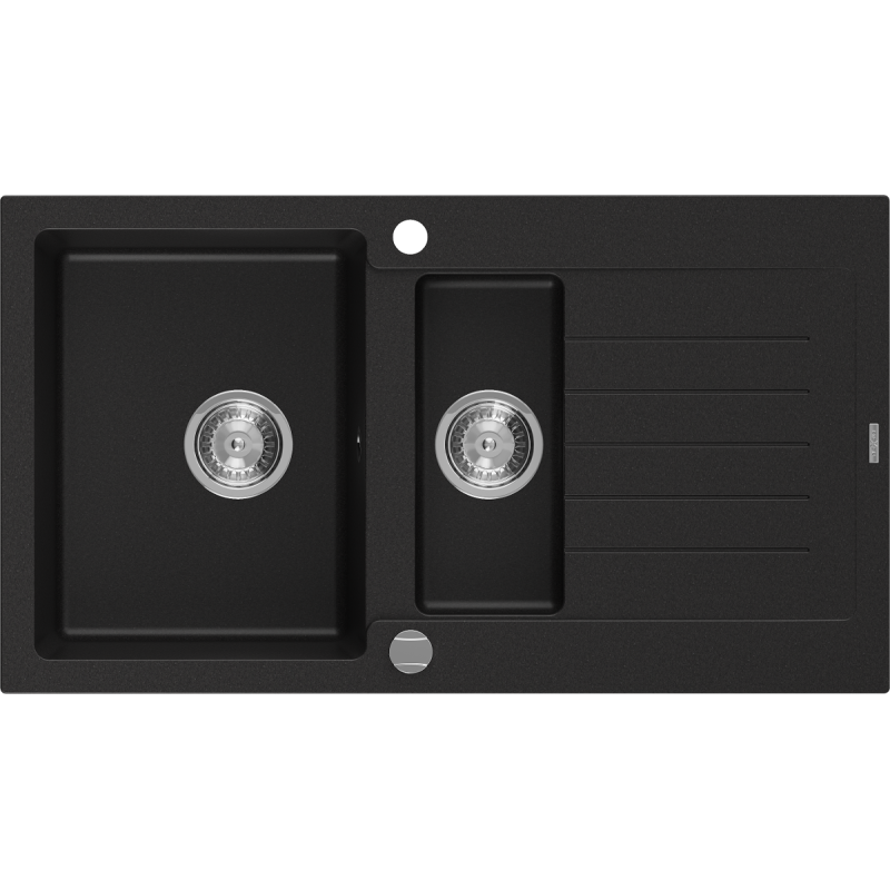 Mexen Matias granitový dřez 1,5-komorový s odkapávačem 900 x 505 mm, černý, sifon chrom - 6502901505-77