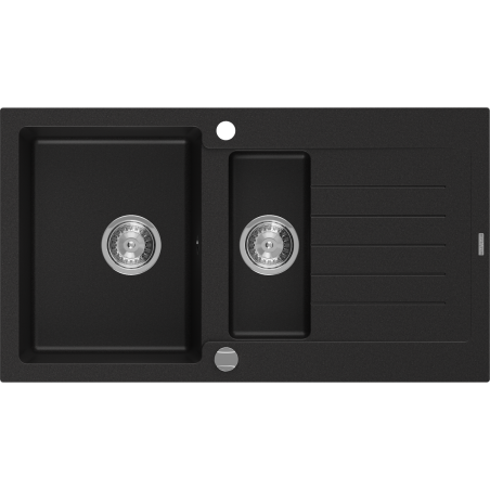 Mexen Matias granitový dřez 1,5-komorový s odkapávačem 900 x 505 mm, černý, sifon chrom - 6502901505-77