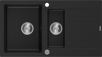 Mexen Matias granitový dřez 1,5-komorový s odkapávačem 900 x 505 mm, černý, sifon chrom - 6502901505-77